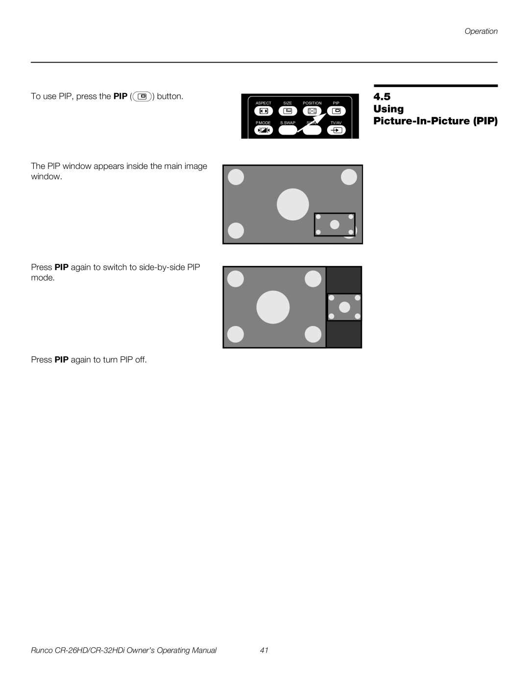 Runco CR-26HD, CR-32HDi manual Using Picture-In-Picture PIP 