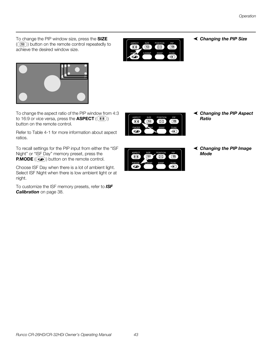 Runco CR-26HD, CR-32HDi manual Aspect Size Position PIP Swap Swap TV/AV Mode 