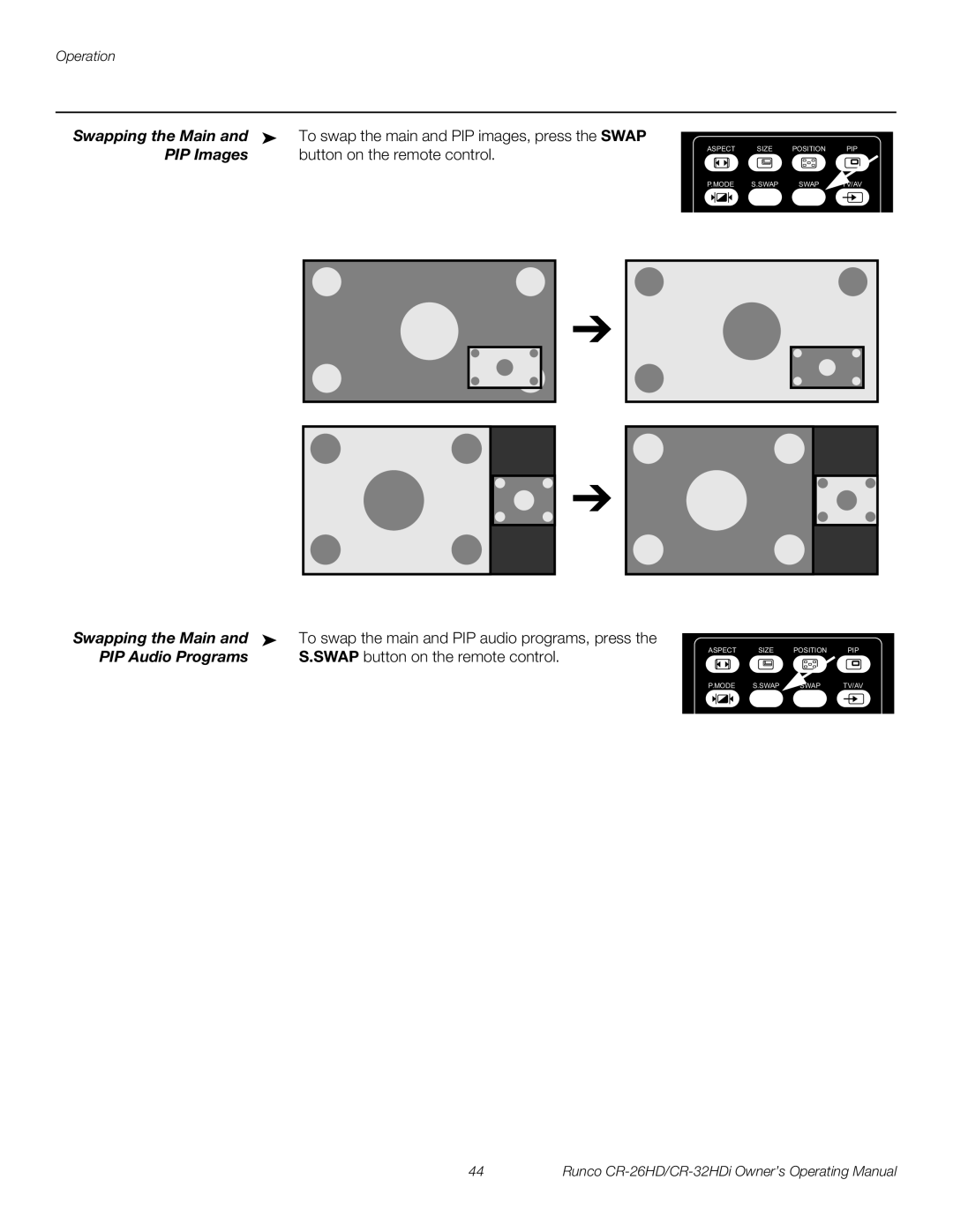 Runco CR-26HD, CR-32HDi manual Swapping the Main, PIP Images Button on the remote control 