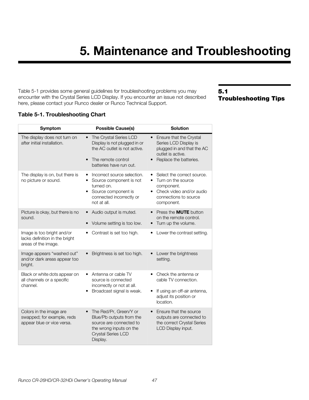 Runco CR-26HD, CR-32HDi manual Maintenance and Troubleshooting, Troubleshooting Tips, Troubleshooting Chart 