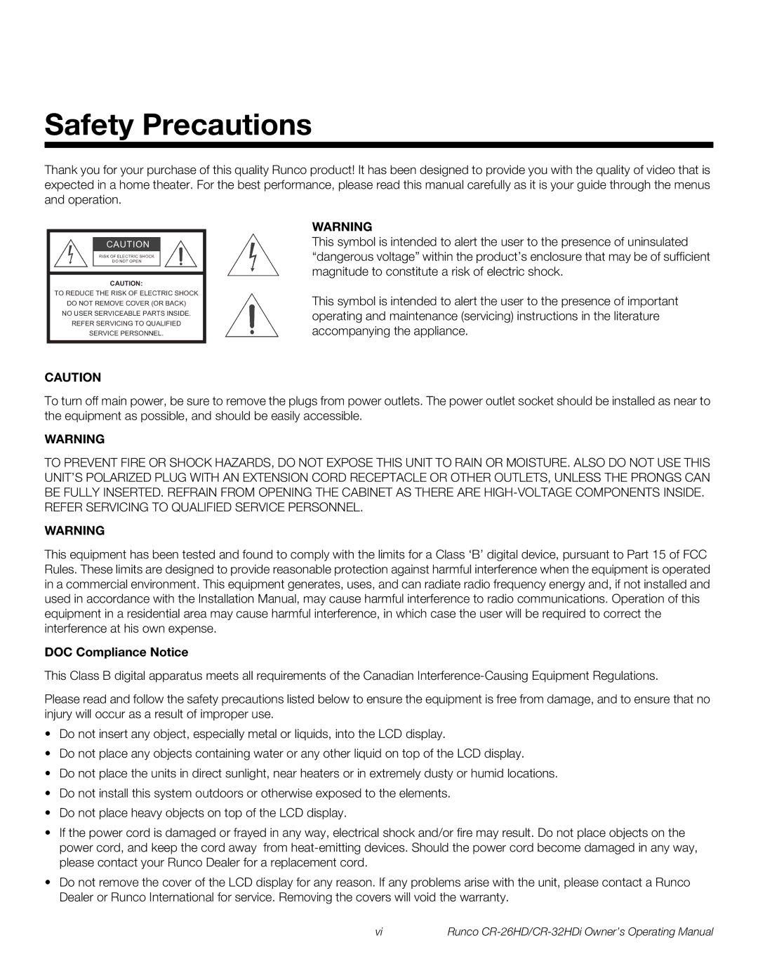 Runco CR-26HD, CR-32HDi manual Safety Precautions, DOC Compliance Notice 