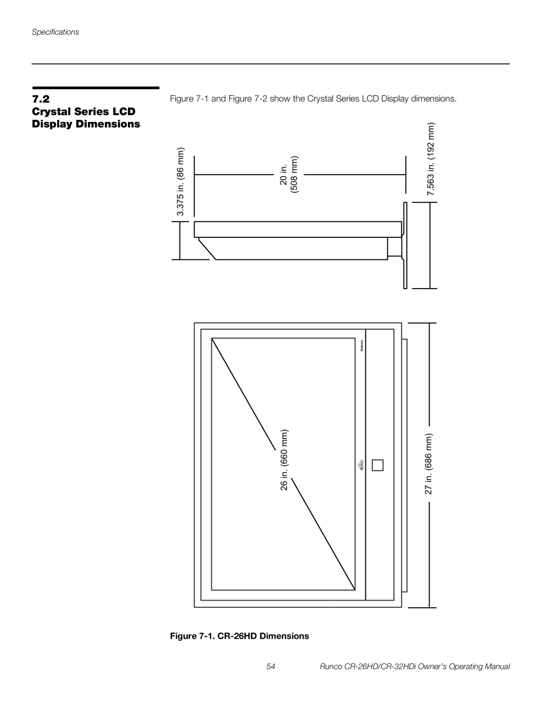 Runco CR-26HD, CR-32HDi manual Crystal Series LCD Display Dimensions, CR-26HD Dimensions 