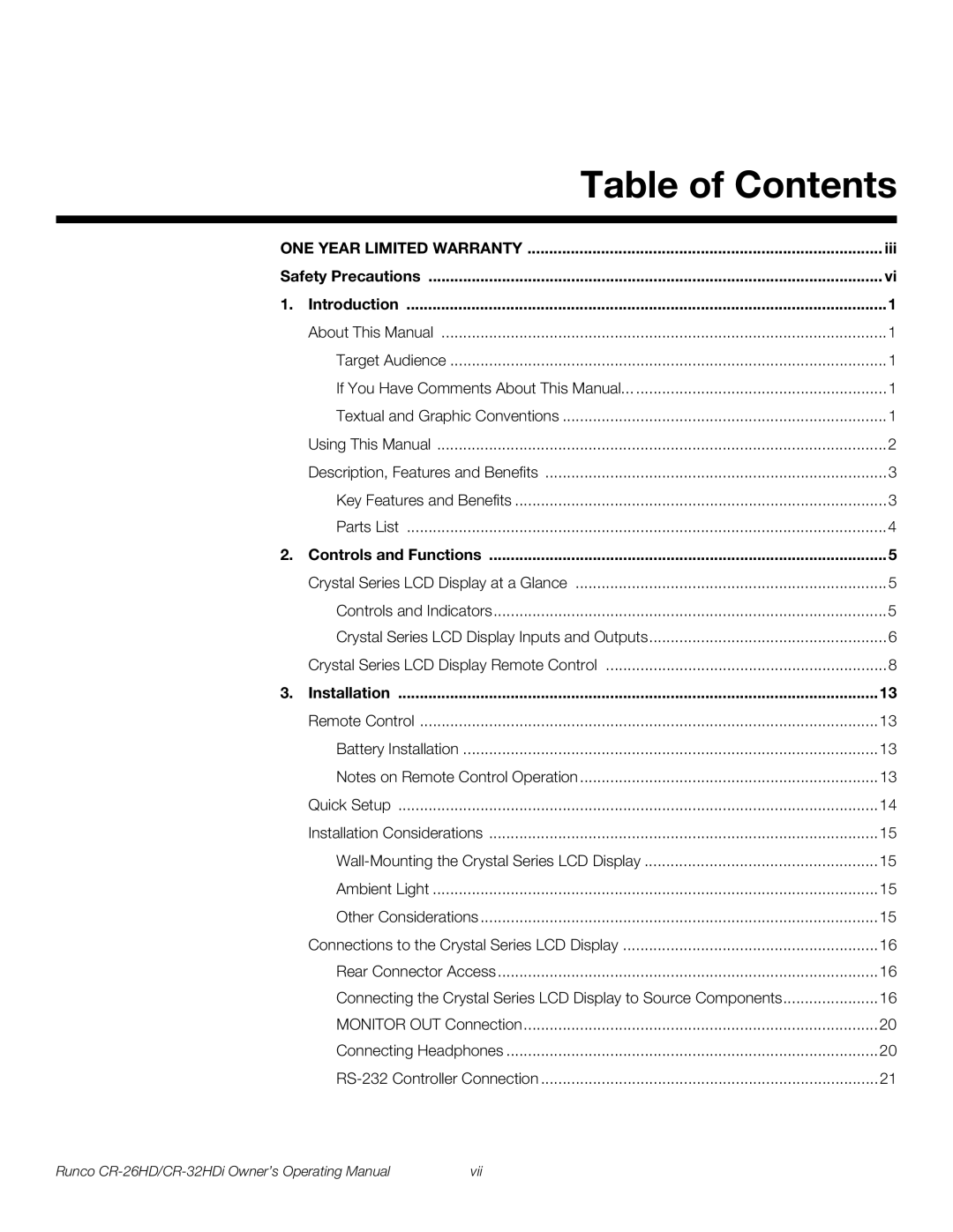 Runco CR-26HD, CR-32HDi manual Table of Contents 