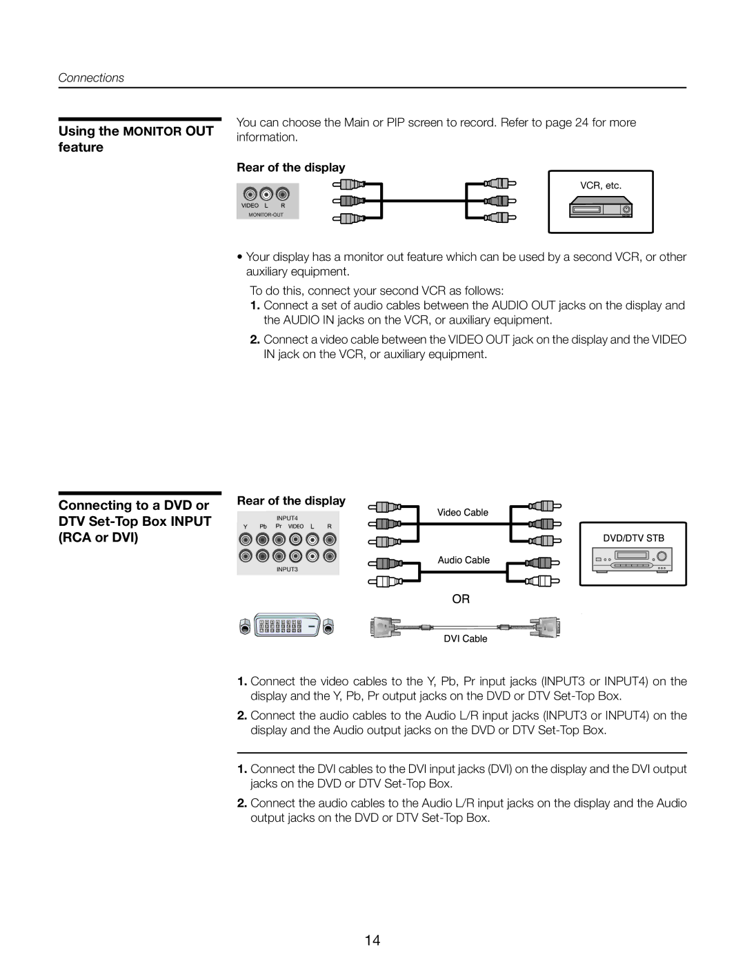 Runco CR-40HD, CR-32HD manual Using the Monitor OUT feature, Connecting to a DVD or DTV Set-Top Box Input RCA or DVI 