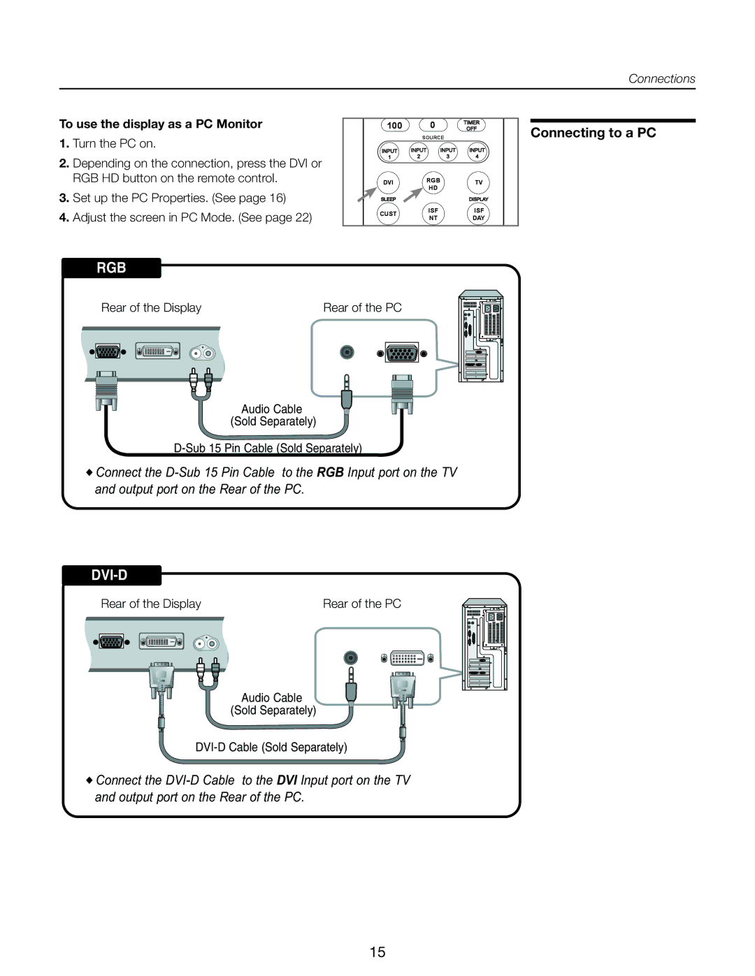 Runco CR-32HD, CR-40HD manual Connecting to a PC, To use the display as a PC Monitor 