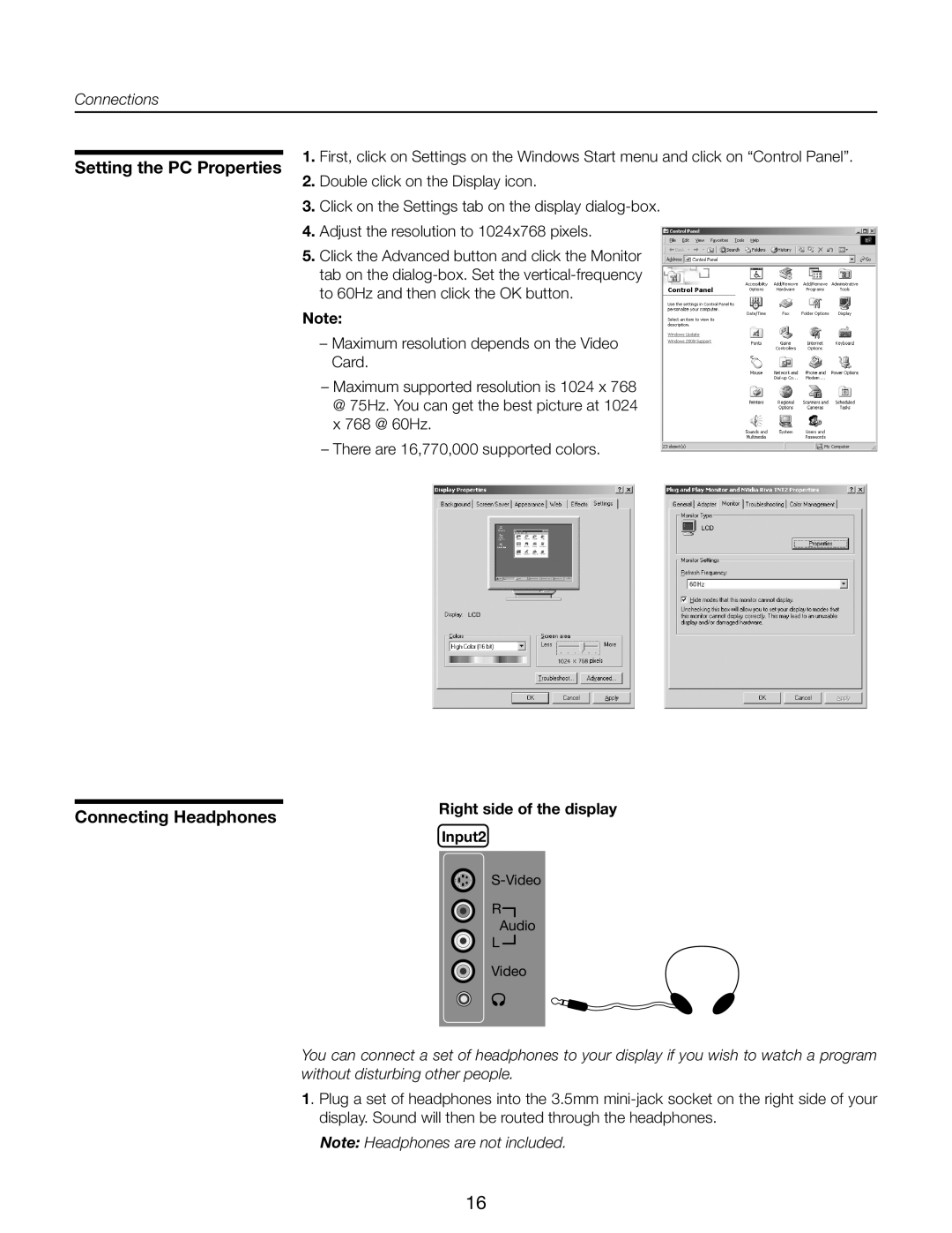 Runco CR-40HD, CR-32HD manual Setting the PC Properties Connecting Headphones, Right side of the display Input2 