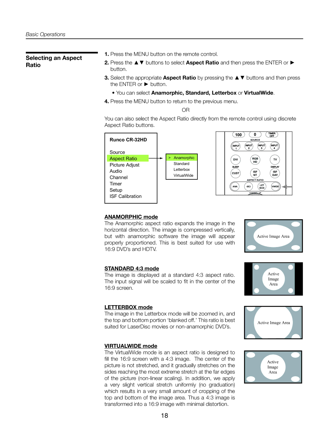 Runco CR-40HD, CR-32HD manual Selecting an Aspect Ratio, Anamorphic mode, Standard 43 mode, Letterbox mode, Virtualwide mode 