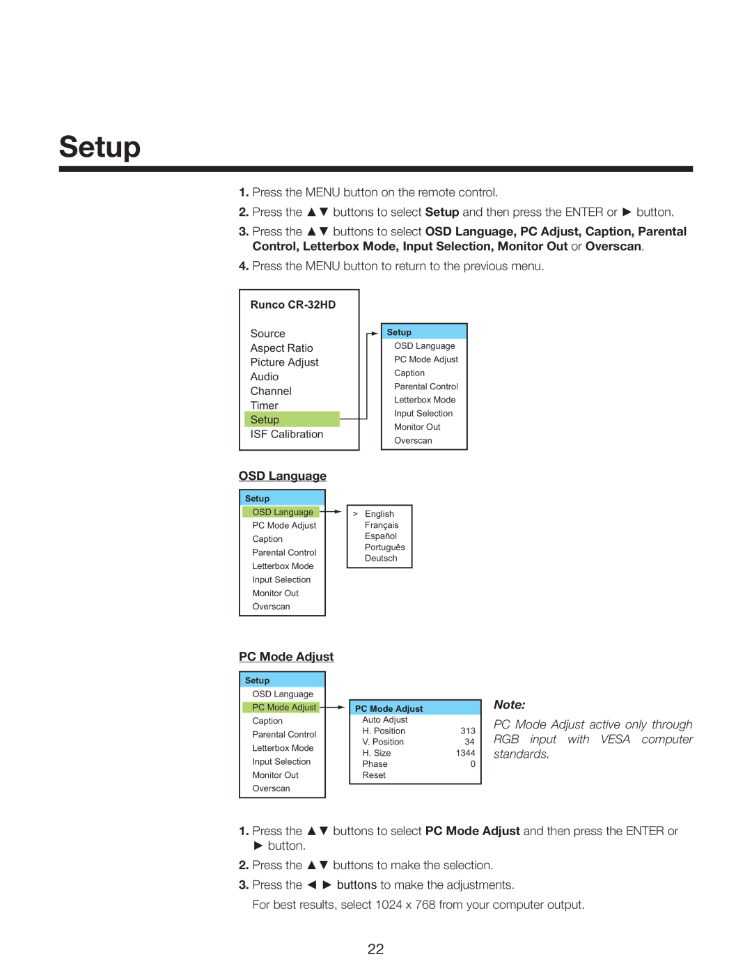 Runco CR-40HD, CR-32HD manual Setup, OSD Language, PC Mode Adjust 