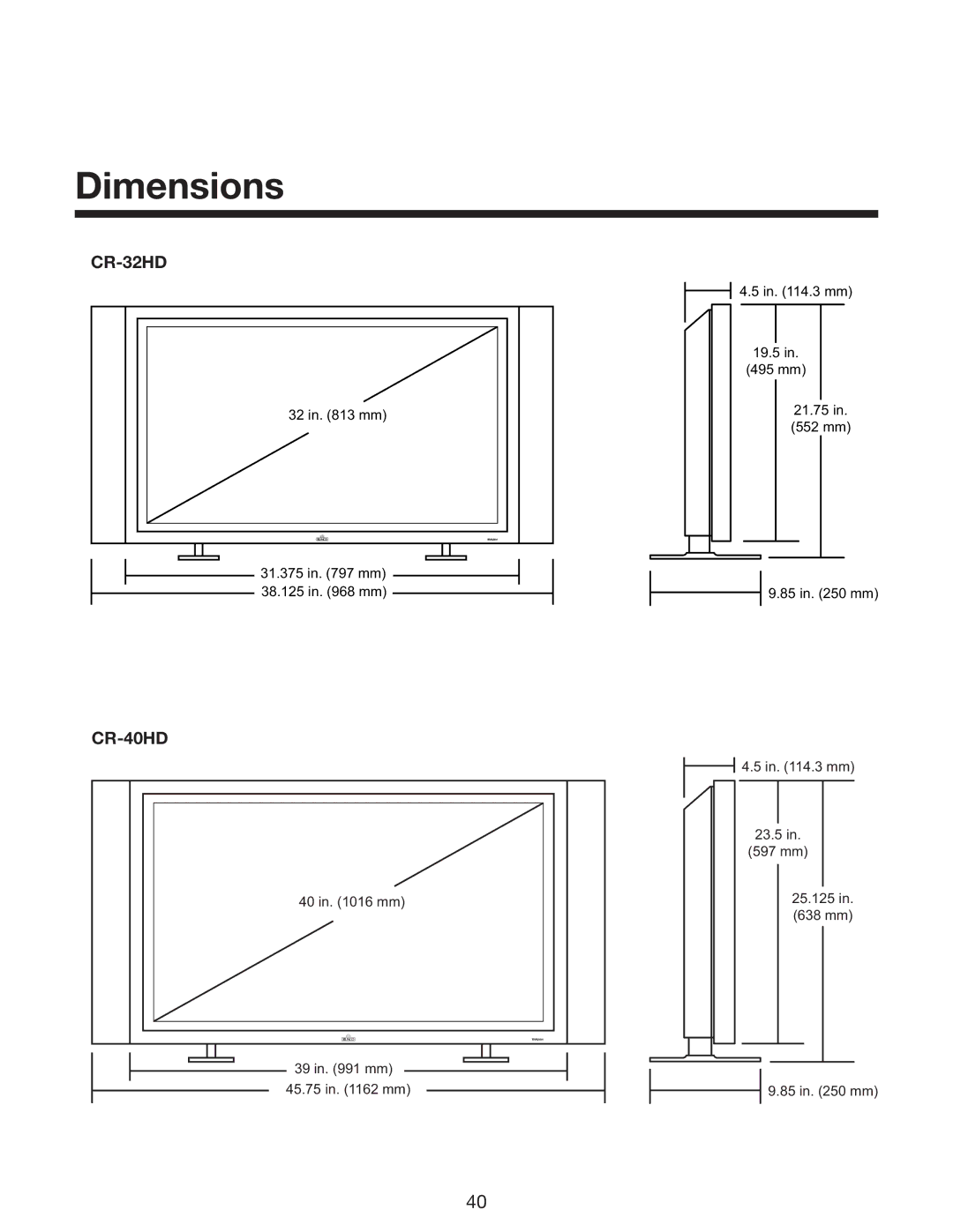 Runco CR-40HD, CR-32HD manual Dimensions 