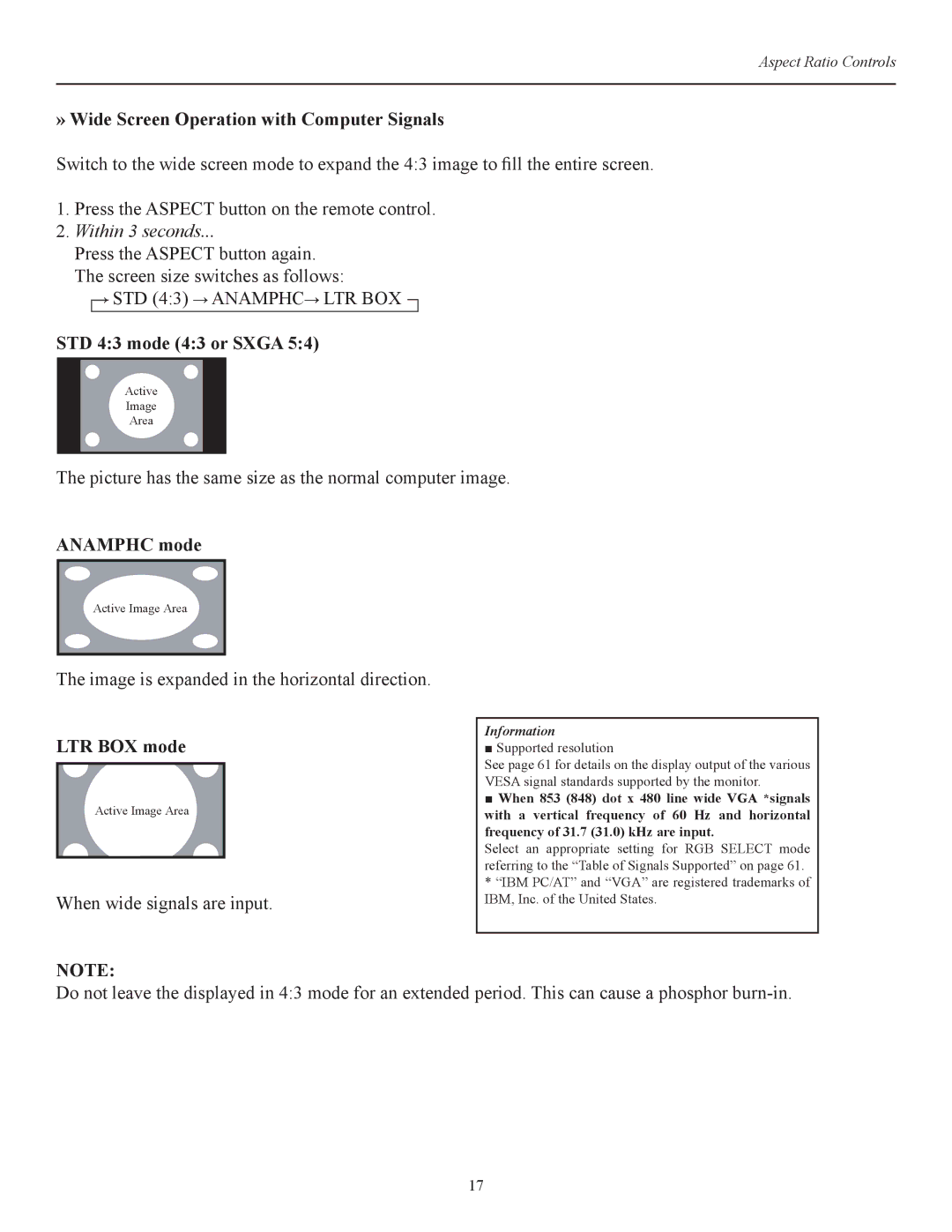 Runco CW-42i manual » Wide Screen Operation with Computer Signals, Within 3 seconds, STD 43 Anamphc LTR BOX 