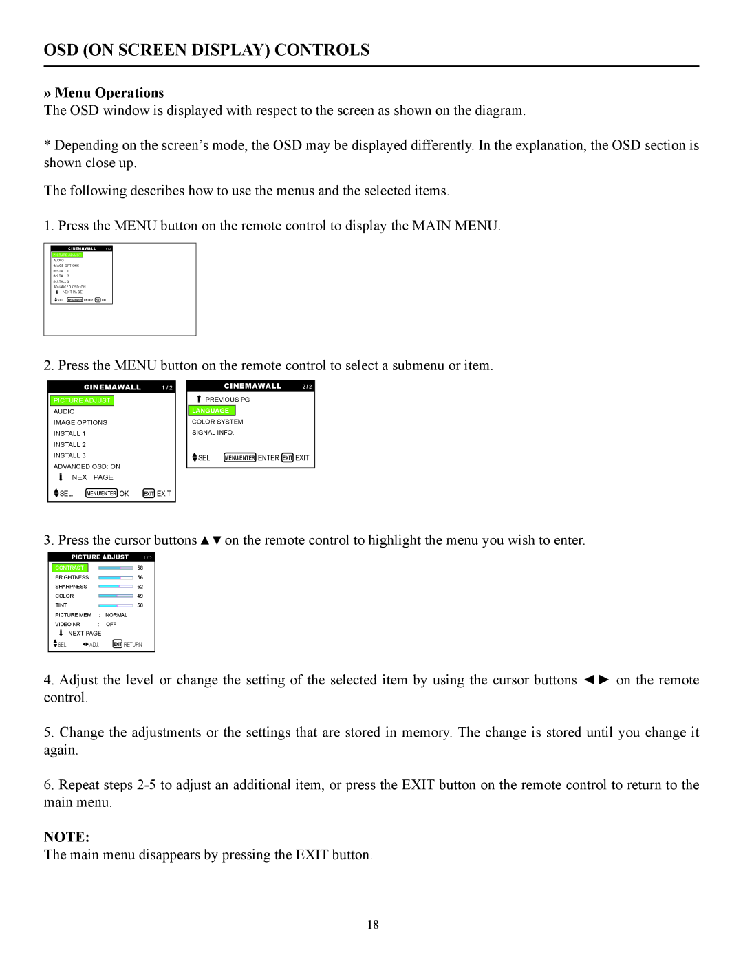 Runco CW-42i manual OSD on Screen Display Controls, » Menu Operations 