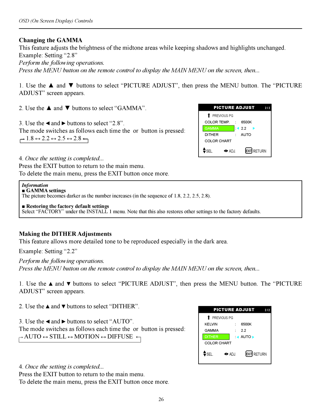 Runco CW-42i manual Changing the Gamma, Making the Dither Adjustments, Auto Still Motion Diffuse, Gamma settings 