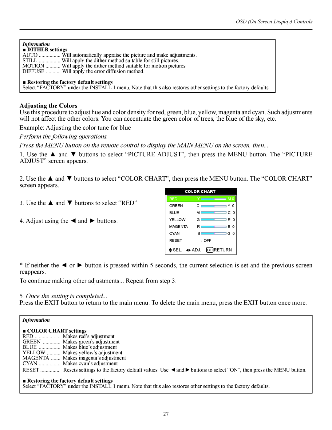 Runco CW-42i manual Adjusting the Colors, Dither settings, Color Chart settings 