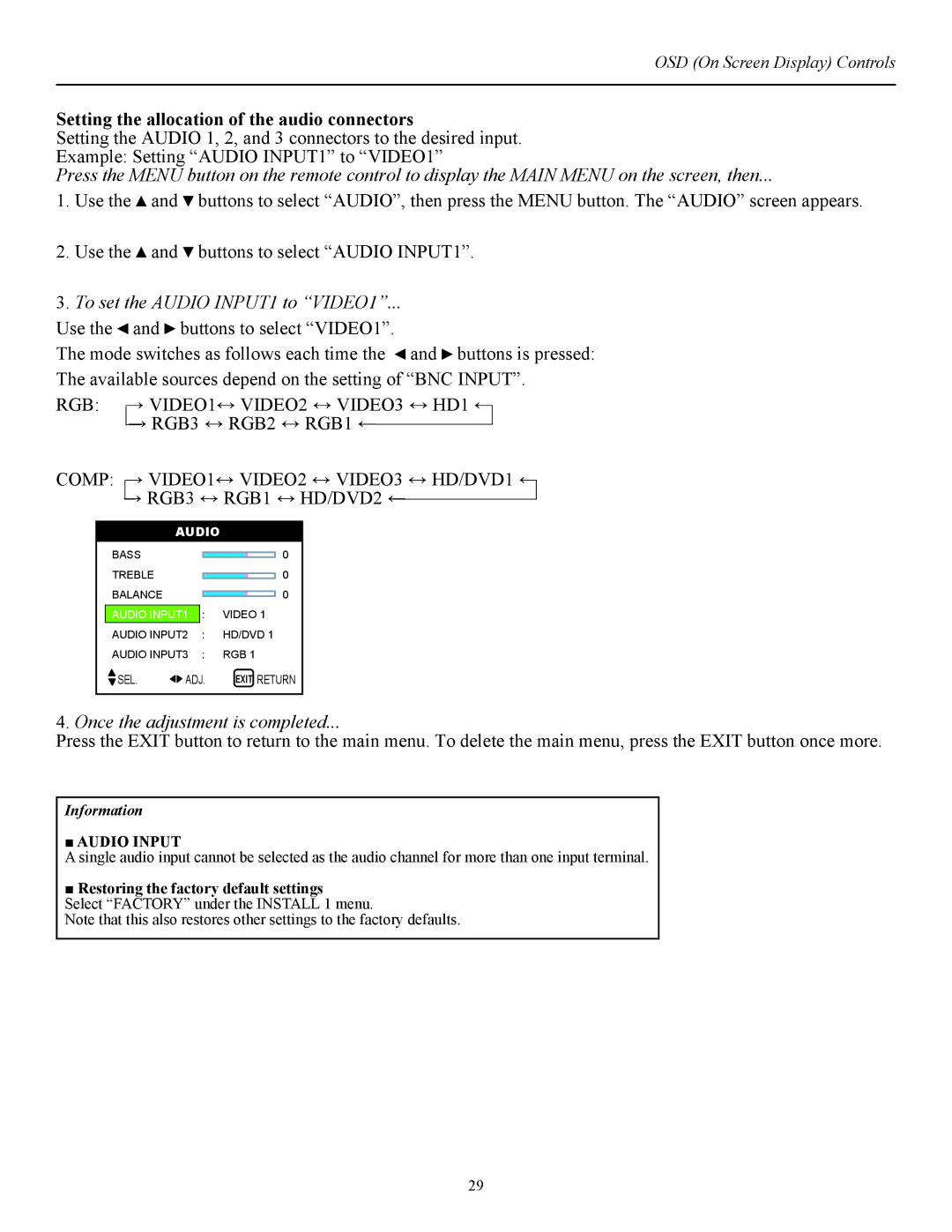 Runco CW-42i manual Setting the allocation of the audio connectors, To set the Audio INPUT1 to VIDEO1 