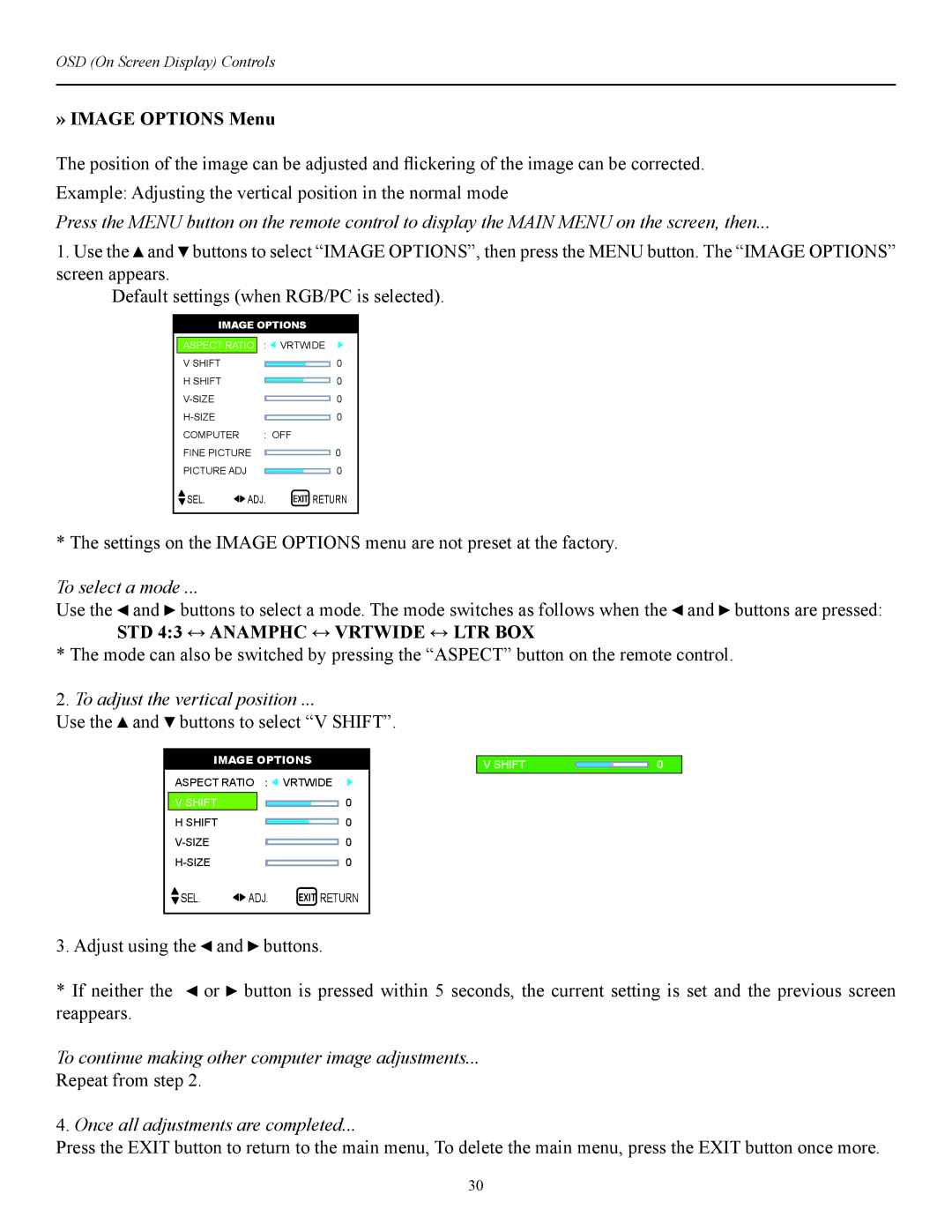 Runco CW-42i manual » Image Options Menu, STD 43 ↔ Anamphc ↔ Vrtwide ↔ LTR BOX 