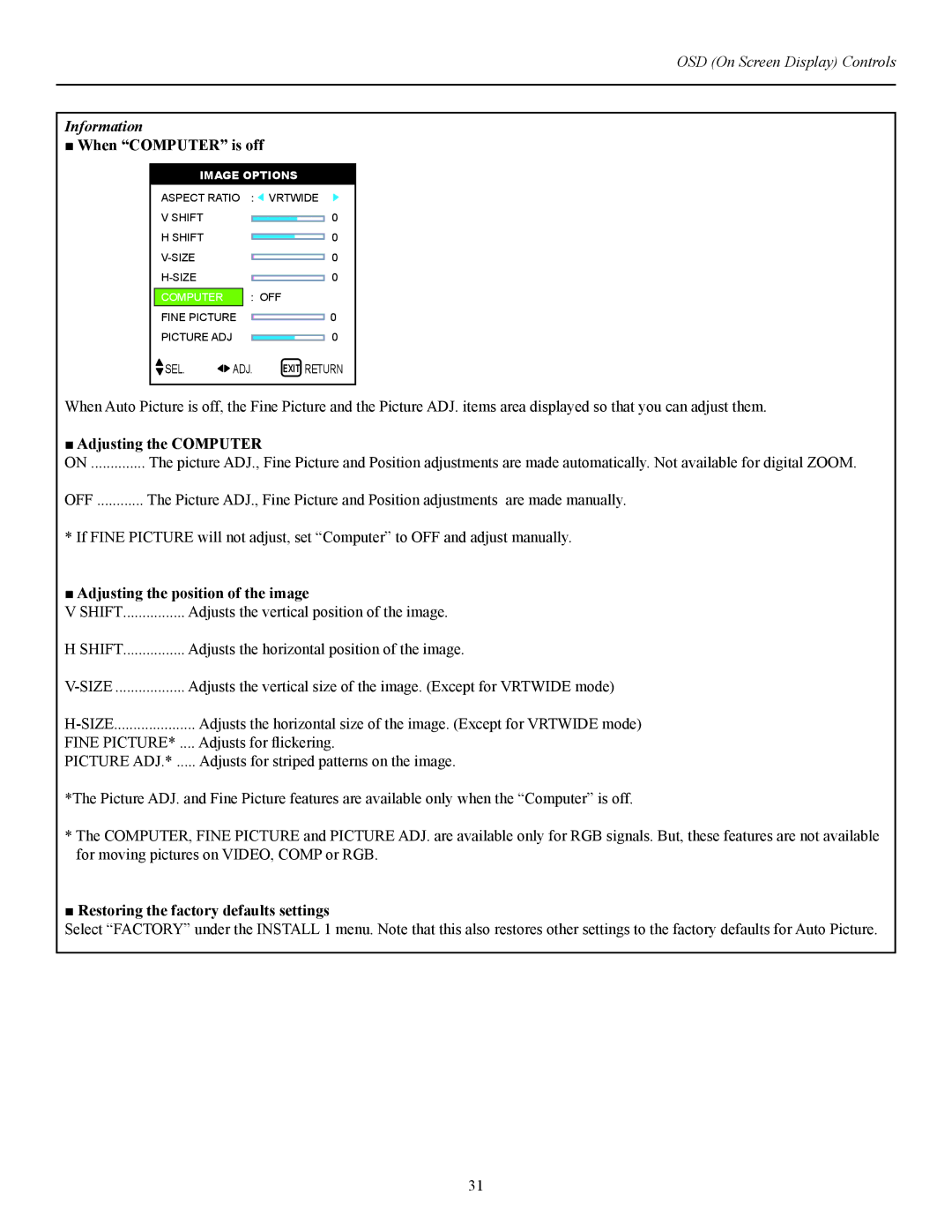 Runco CW-42i manual When Computer is off, Adjusting the Computer, Adjusting the position of the image 