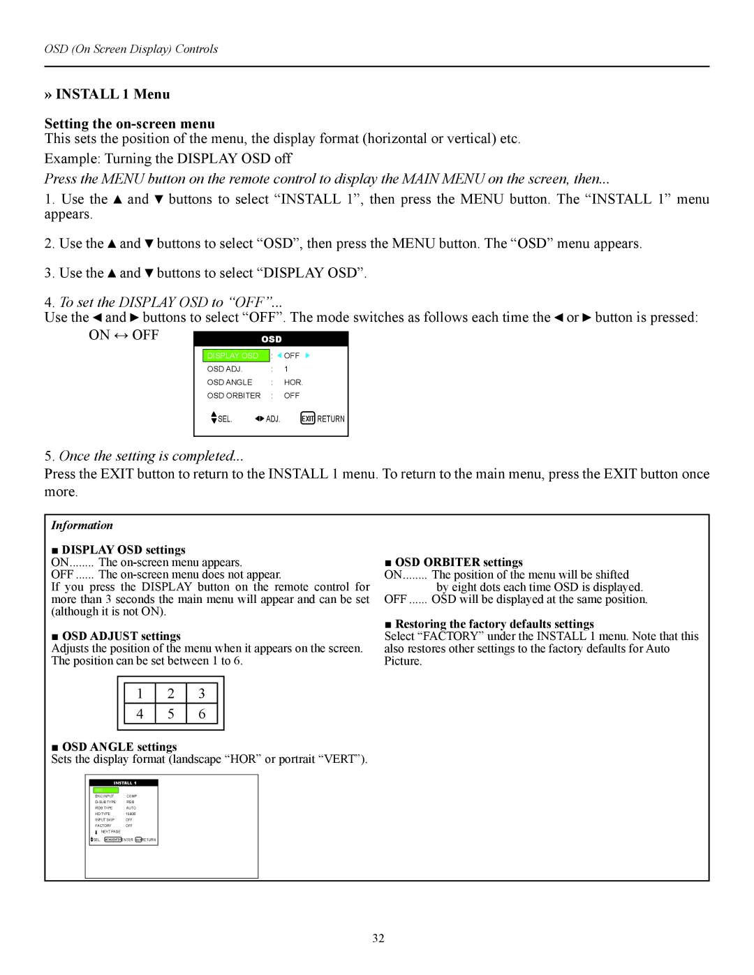 Runco CW-42i manual » Install 1 Menu Setting the on-screen menu, To set the Display OSD to OFF, On ↔ OFF 