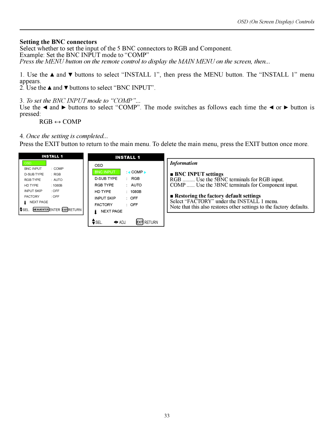 Runco CW-42i manual Setting the BNC connectors, To set the BNC Input mode to Comp, RGB ↔ Comp, BNC Input settings 