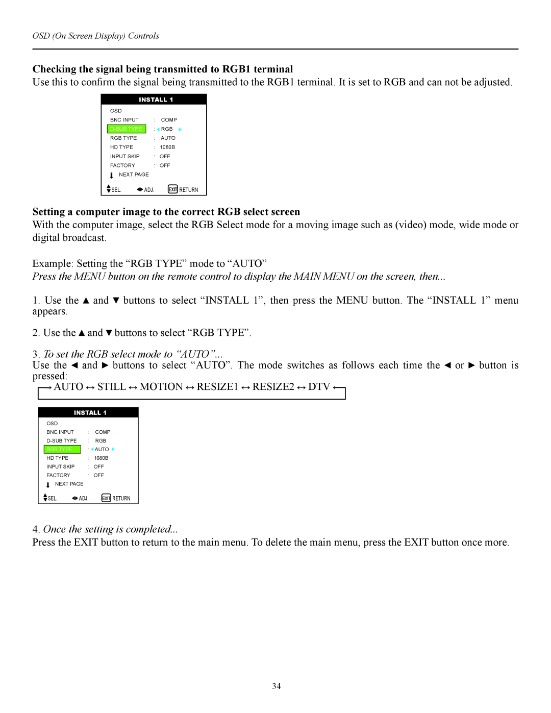 Runco CW-42i manual Checking the signal being transmitted to RGB1 terminal, To set the RGB select mode to Auto 