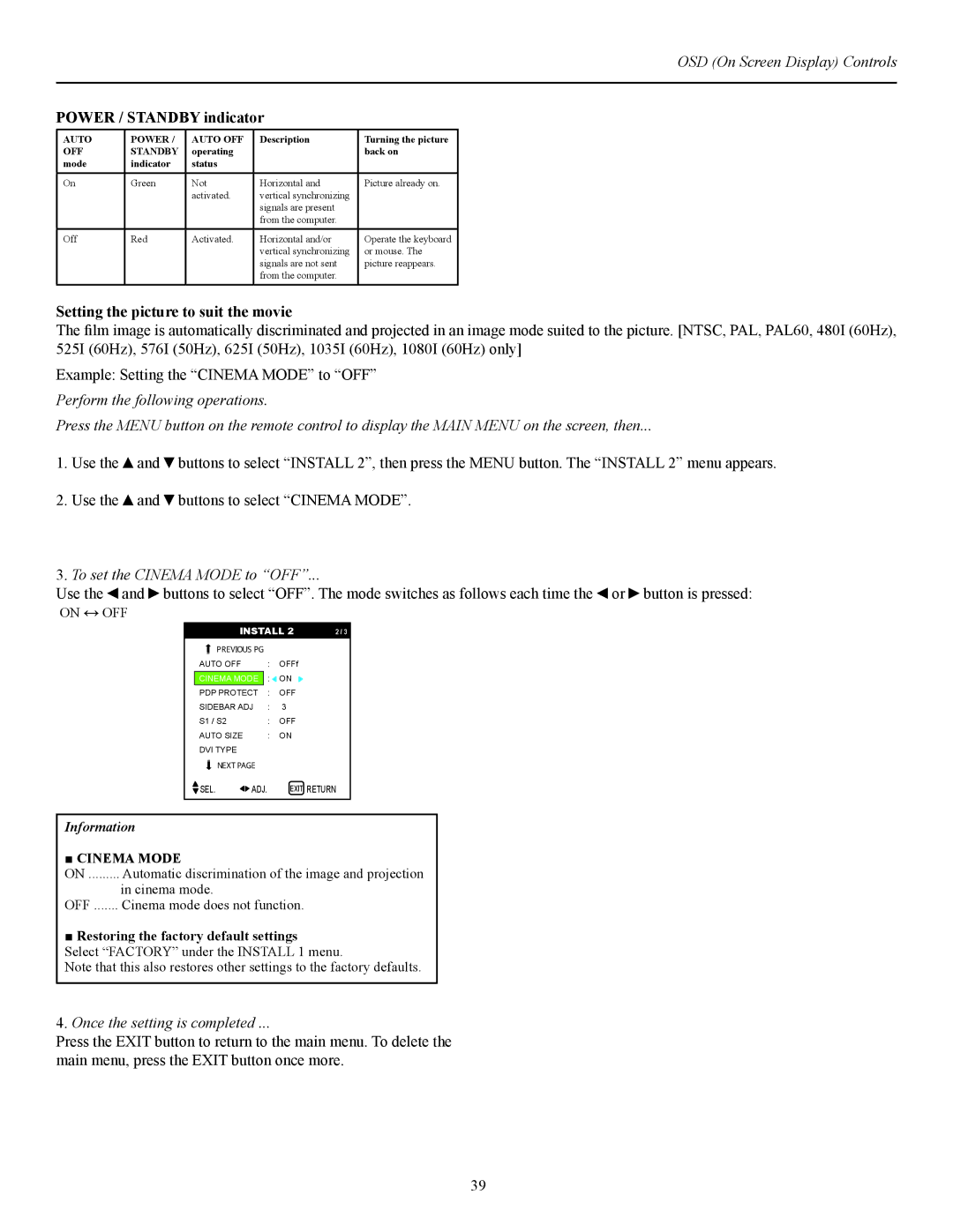 Runco CW-42i manual Power / Standby indicator, Setting the picture to suit the movie 