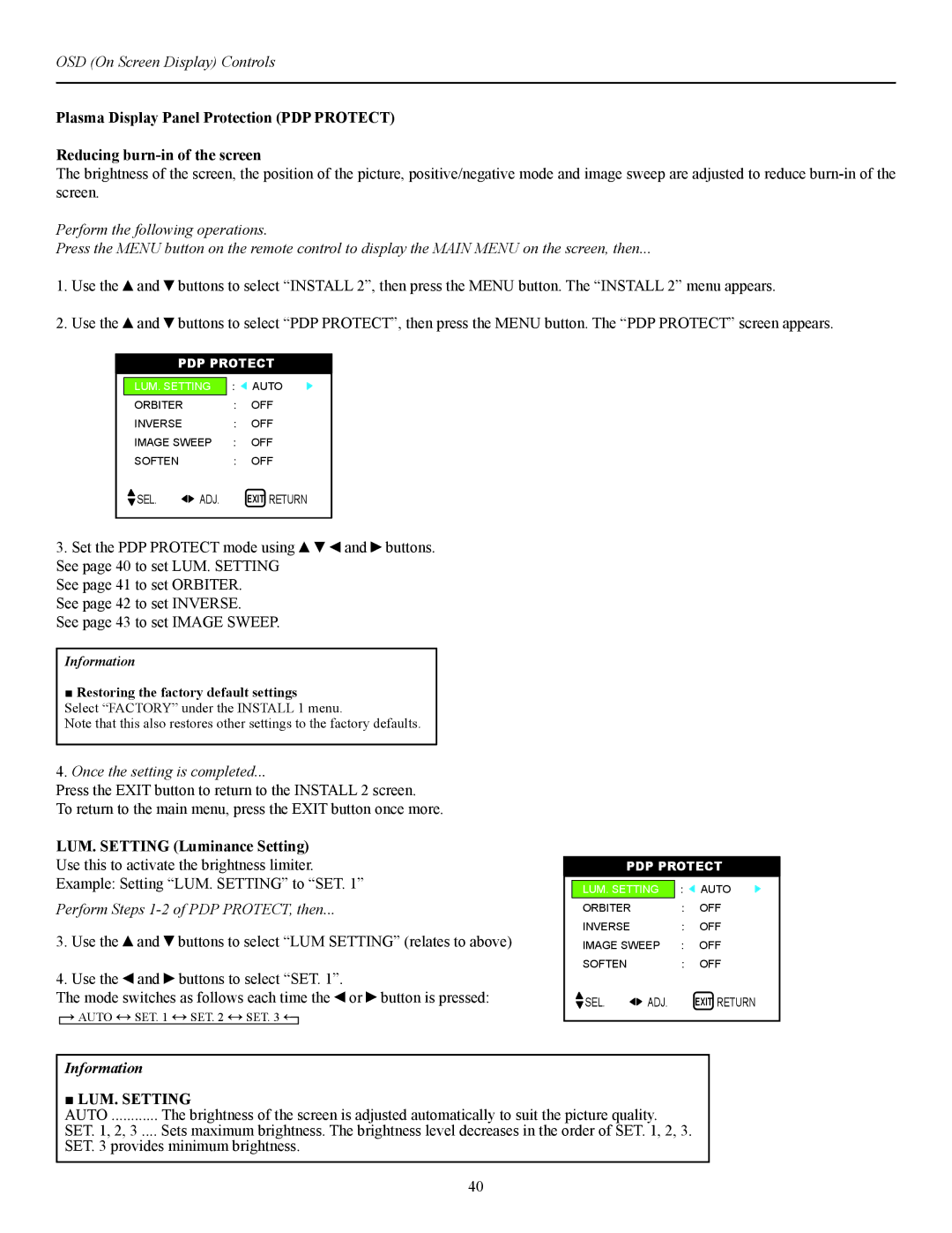 Runco CW-42i manual LUM. Setting Luminance Setting, Perform Steps 1-2 of PDP PROTECT, then 