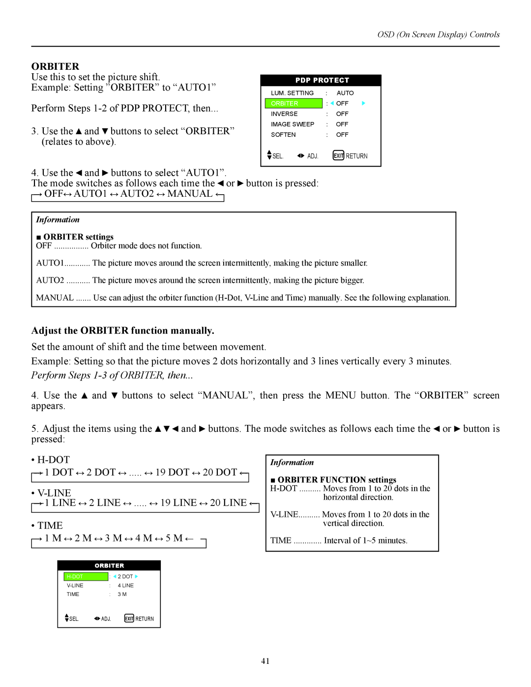 Runco CW-42i OFF AUTO1 AUTO2 Manual, Adjust the Orbiter function manually, Dot, Line Time 