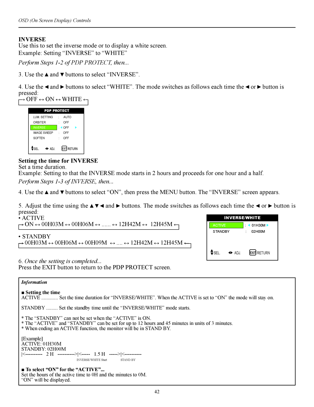 Runco CW-42i Perform Steps 1-2 of PDP PROTECT, then, Setting the time for Inverse, Perform Steps 1-3 of INVERSE, then 