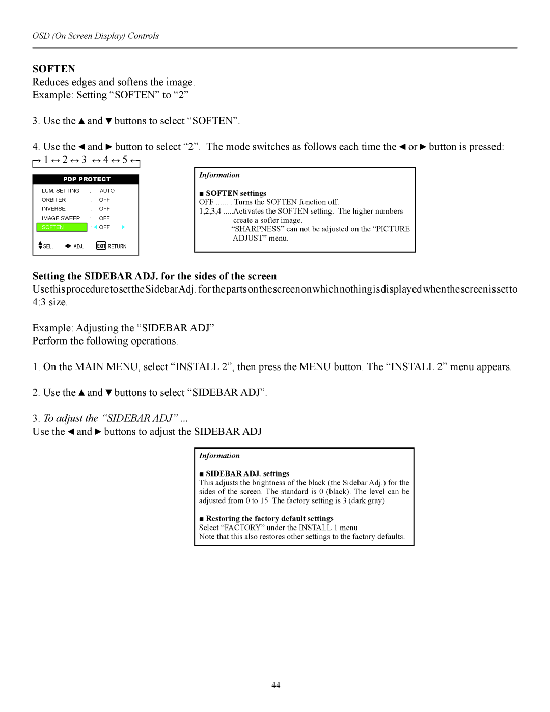 Runco CW-42i manual Soften, Setting the Sidebar ADJ. for the sides of the screen, To adjust the Sidebar ADJ 