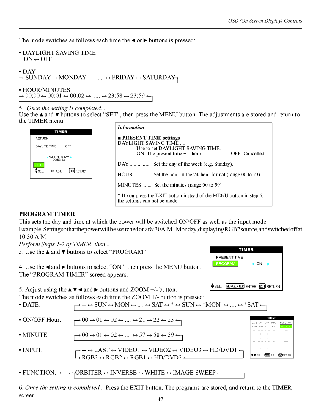 Runco CW-42i manual Program Timer, Date, Sat, Function -- Orbiter Inverse White Image Sweep 