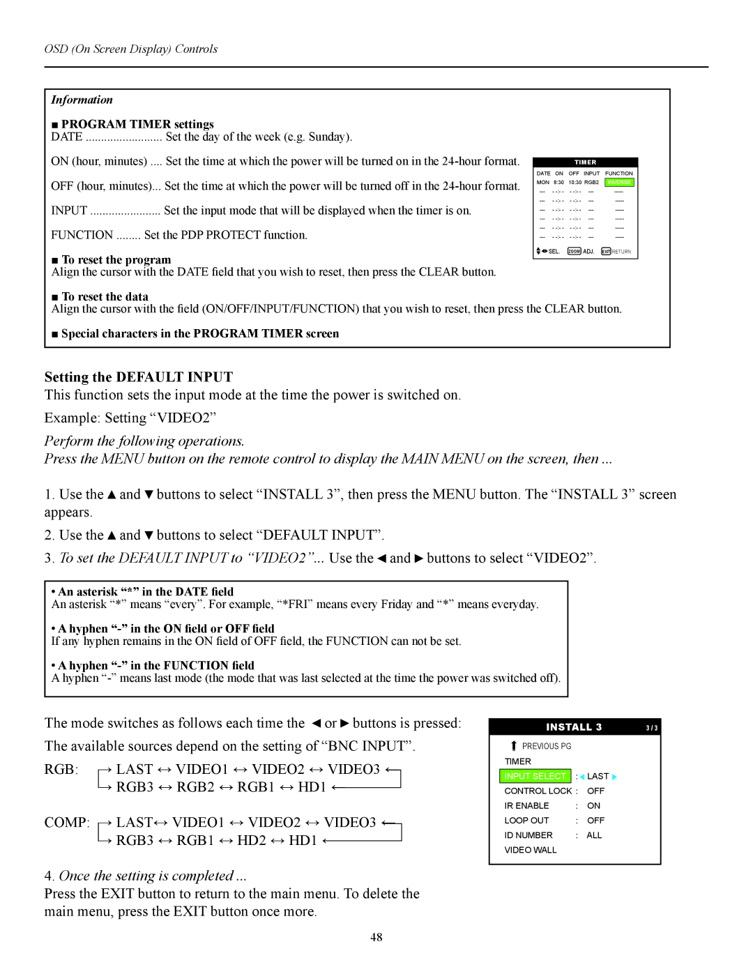 Runco CW-42i manual Setting the Default Input, RGB → Last ↔ VIDEO1 ↔ VIDEO2 ↔ VIDEO3 ←, → RGB3 ↔ RGB2 ↔ RGB1 ↔ HD1 ← 