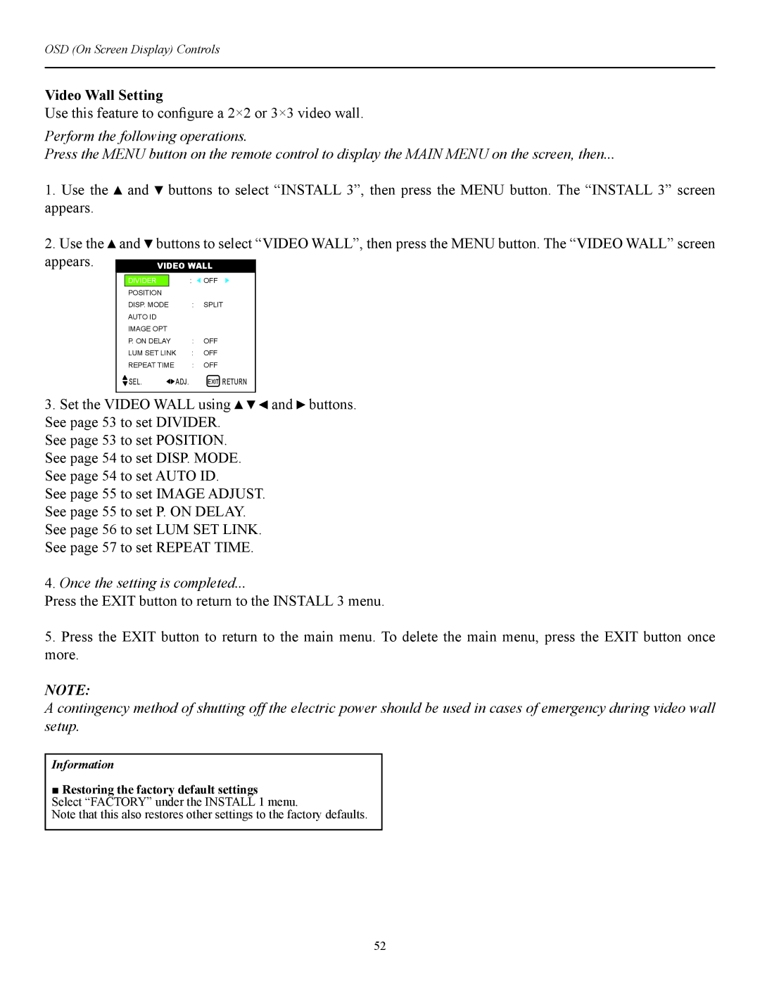 Runco CW-42i manual Video Wall Setting, Use this feature to conﬁgure a 2×2 or 3×3 video wall 