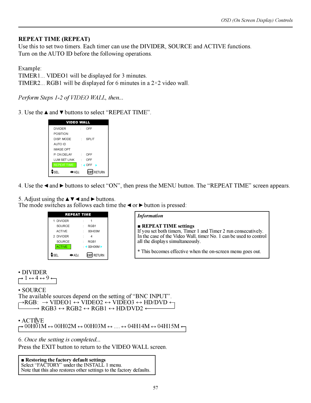 Runco CW-42i manual Repeat Time Repeat, Use the and buttons to select Repeat Time, Divider 1 4, Source 