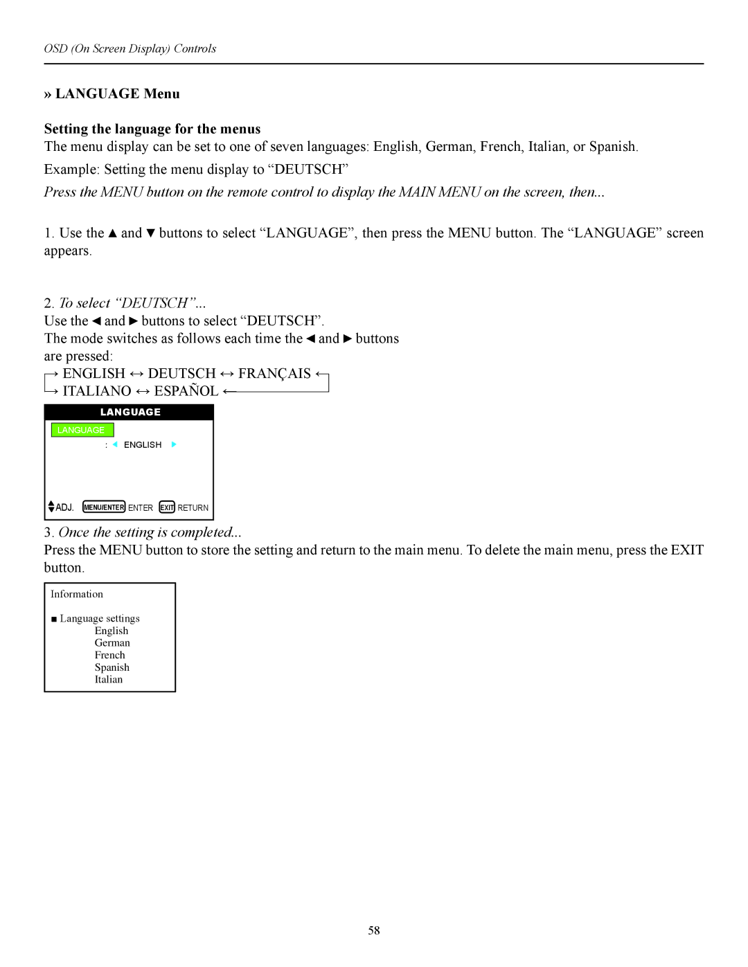 Runco CW-42i manual » Language Menu Setting the language for the menus, To select Deutsch 