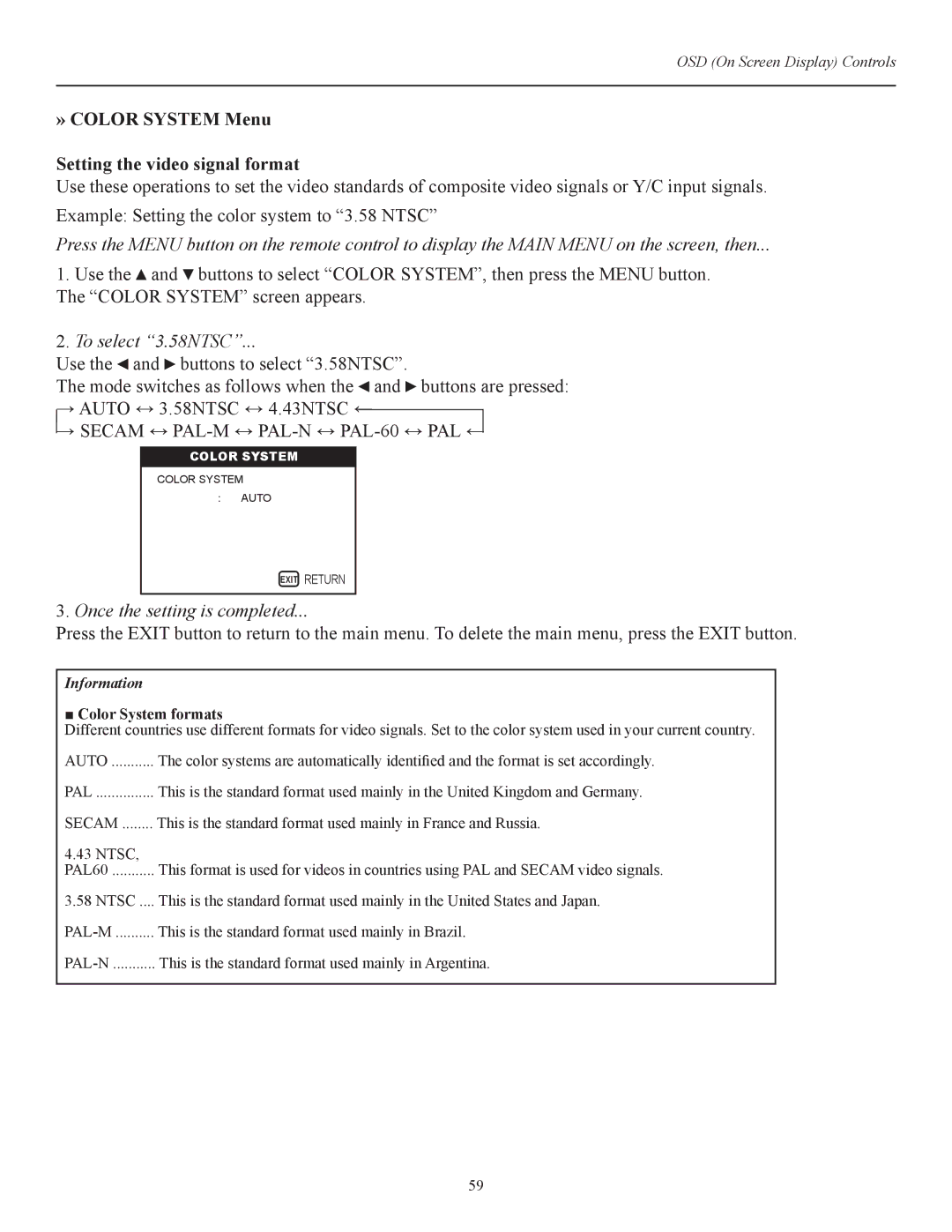 Runco CW-42i manual » Color System Menu Setting the video signal format, To select 3.58NTSC, Color System formats 