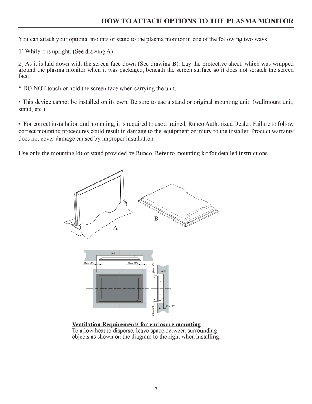 Runco CW-42i manual HOW to Attach Options to the Plasma Monitor, Ventilation Requirements for enclosure mounting 