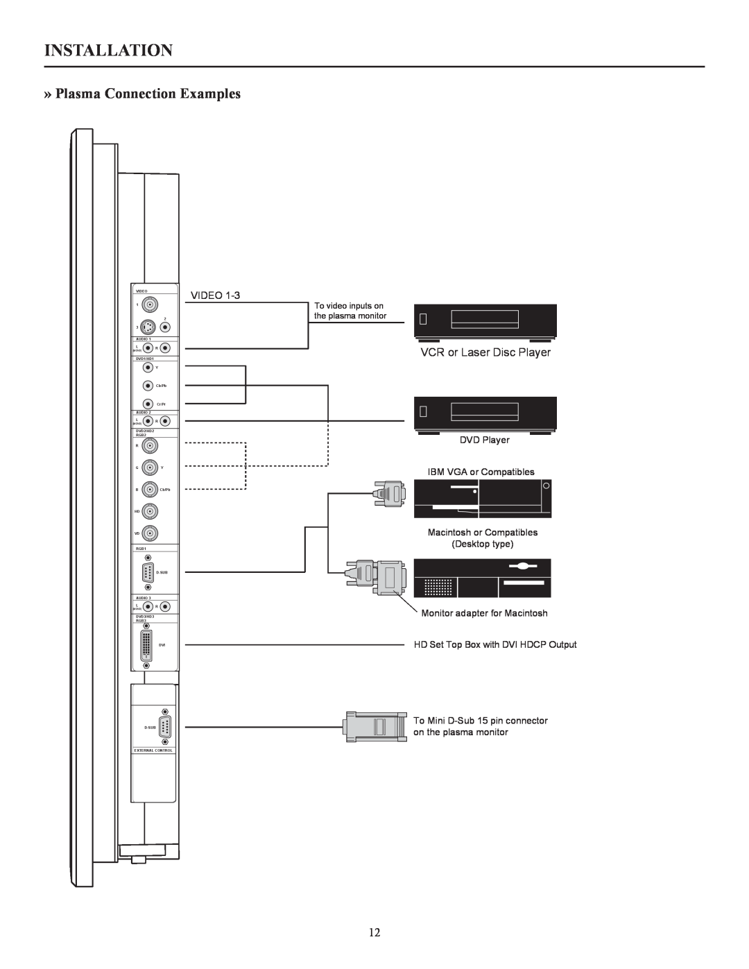 Runco CW-42i manual Installation, » Plasma Connection Examples, VCR or Laser Disc Player 