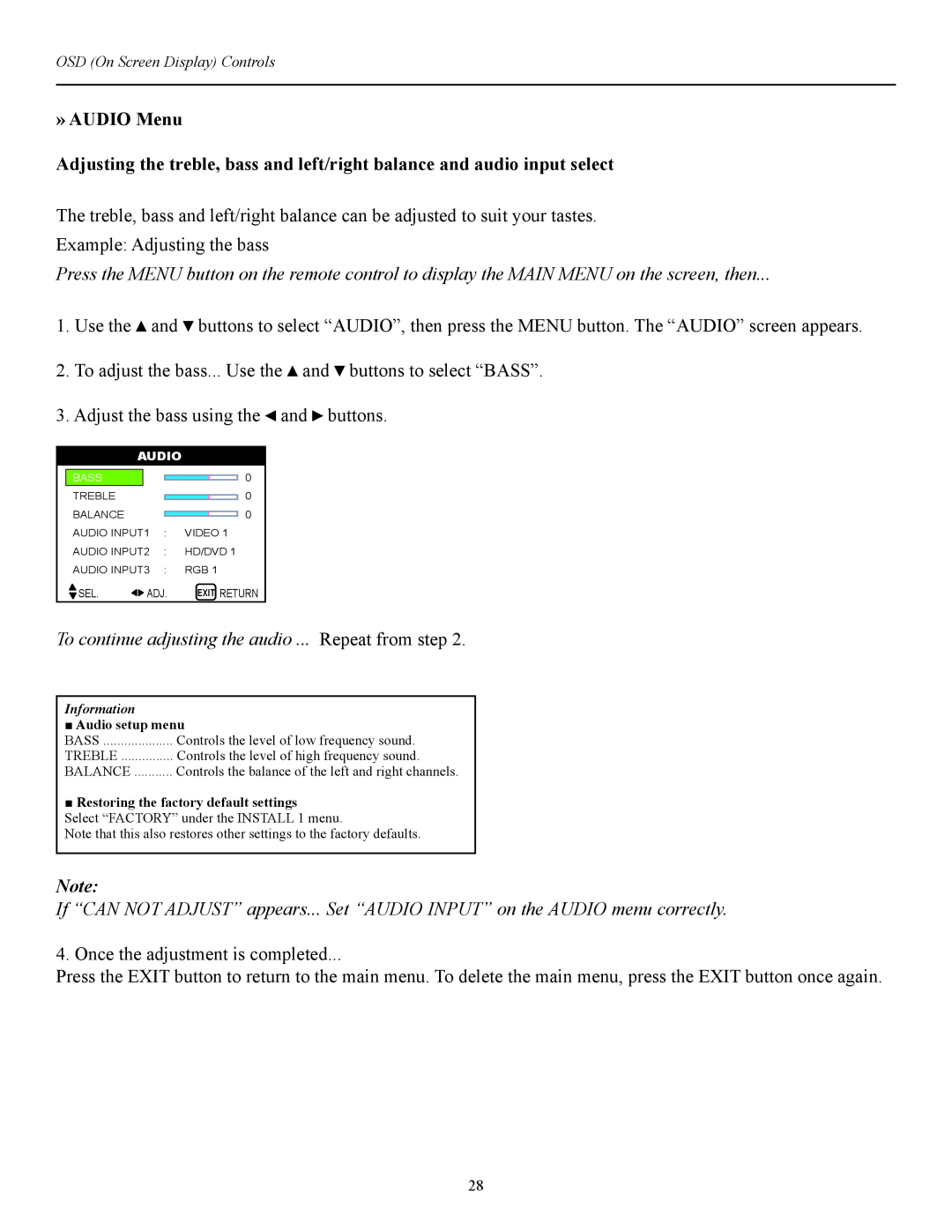 Runco CW-42i manual » AUDIO Menu, To continue adjusting the audio ... Repeat from step, Audio setup menu 