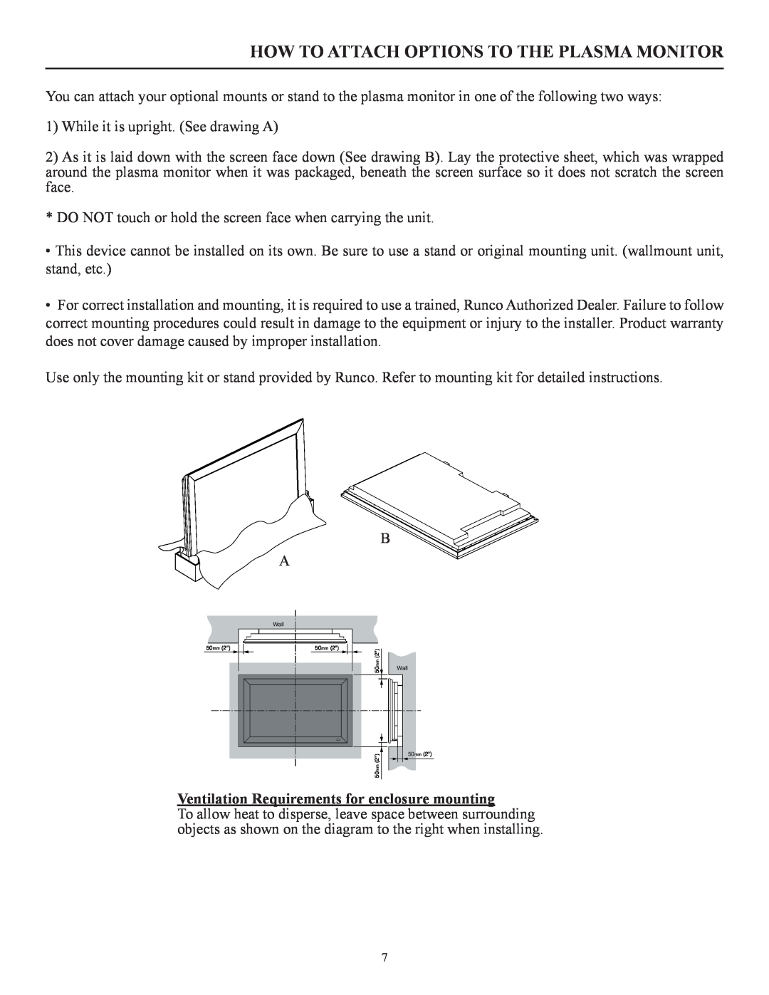 Runco CW-42i manual How To Attach Options To The Plasma Monitor, Ventilation Requirements for enclosure mounting 