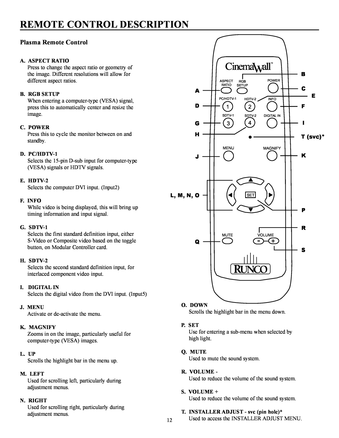 Runco CW-50MC manual Remote Control Description, Plasma Remote Control, A D G H J L, M, N, O Q, T svc 