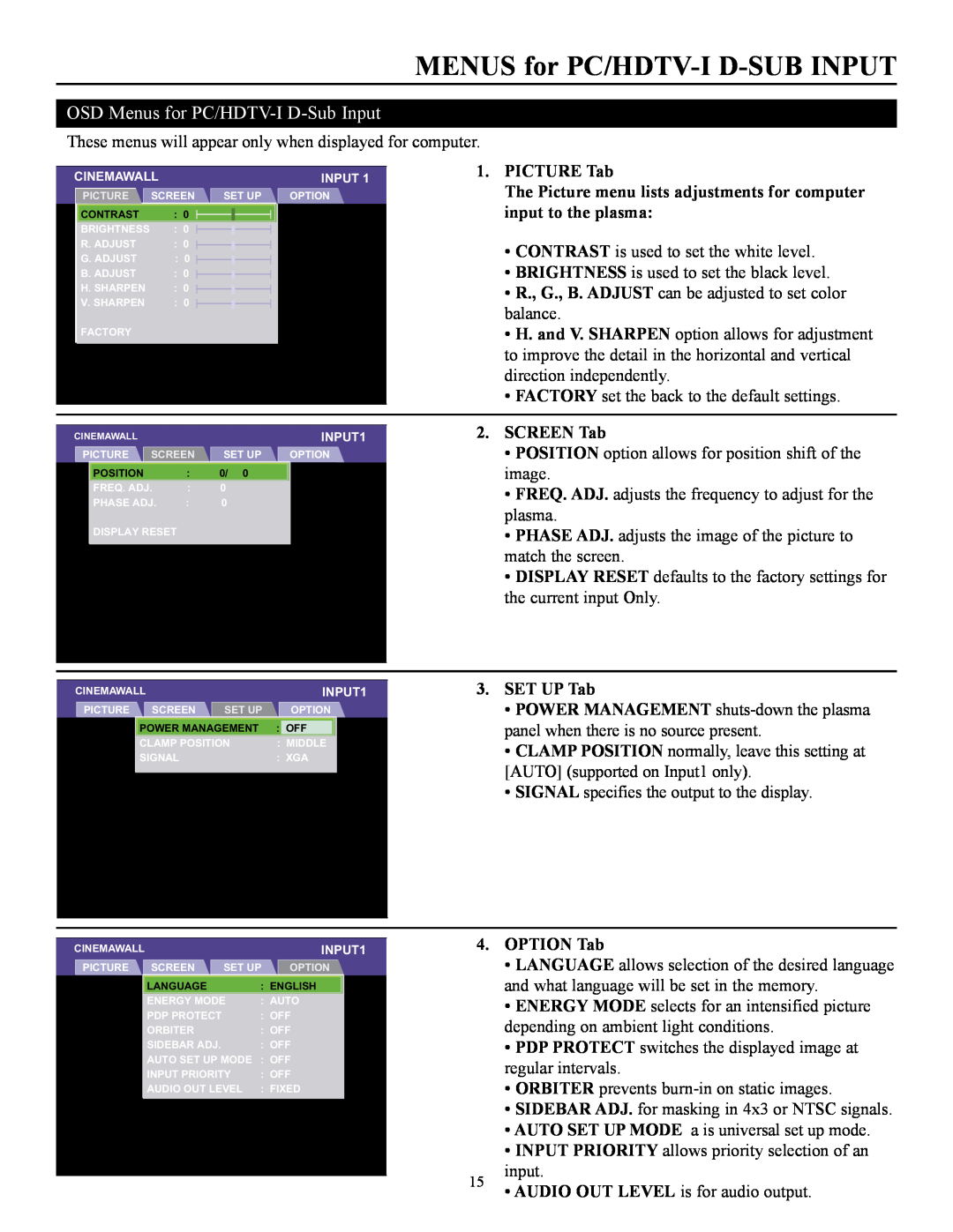 Runco CW-50MC manual MENUS for PC/HDTV-I D-SUB INPUT, OSD Menus for PC/HDTV-I D-Sub Input, SET UP Tab 