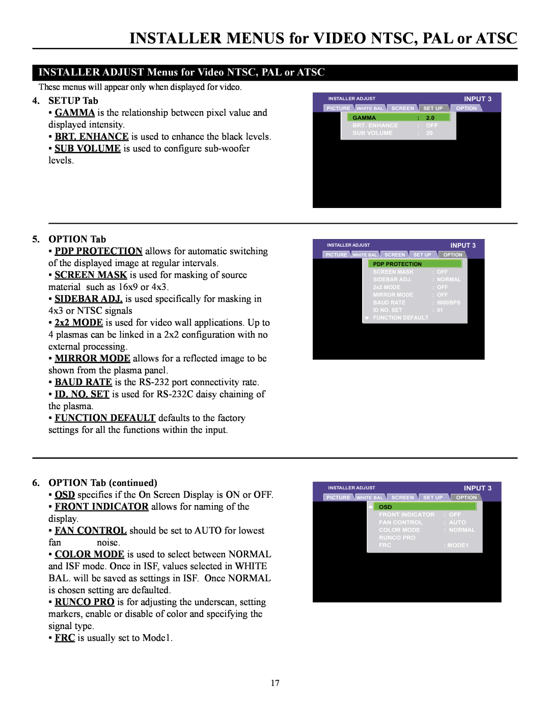 Runco CW-50MC INSTALLER MENUS for VIDEO NTSC, PAL or ATSC, INSTALLER ADJUST Menus for Video NTSC, PAL or ATSC, SETUP Tab 