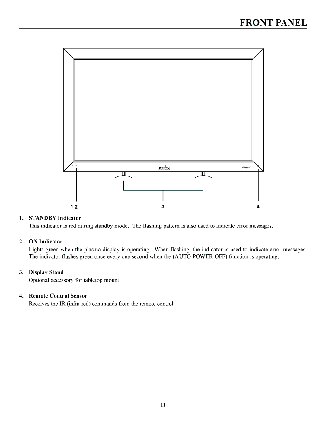 Runco CW-50MC manual Front Panel, Standby Indicator, On Indicator, Display Stand, Remote Control Sensor 