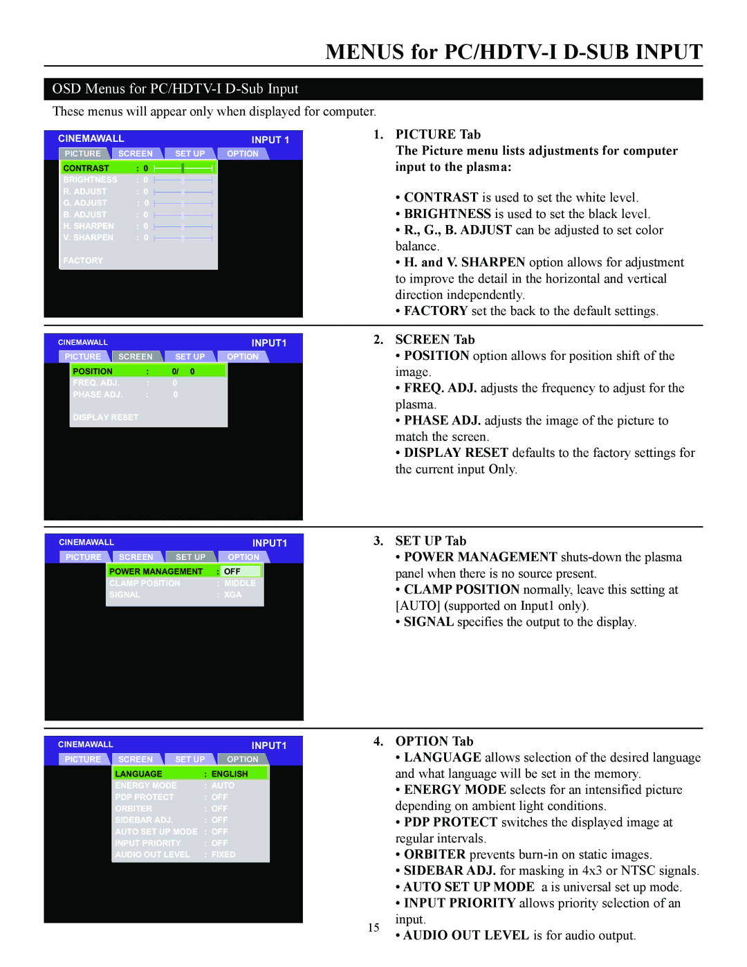 Runco CW-50MC manual Menus for PC/HDTV-I D-SUB Input 