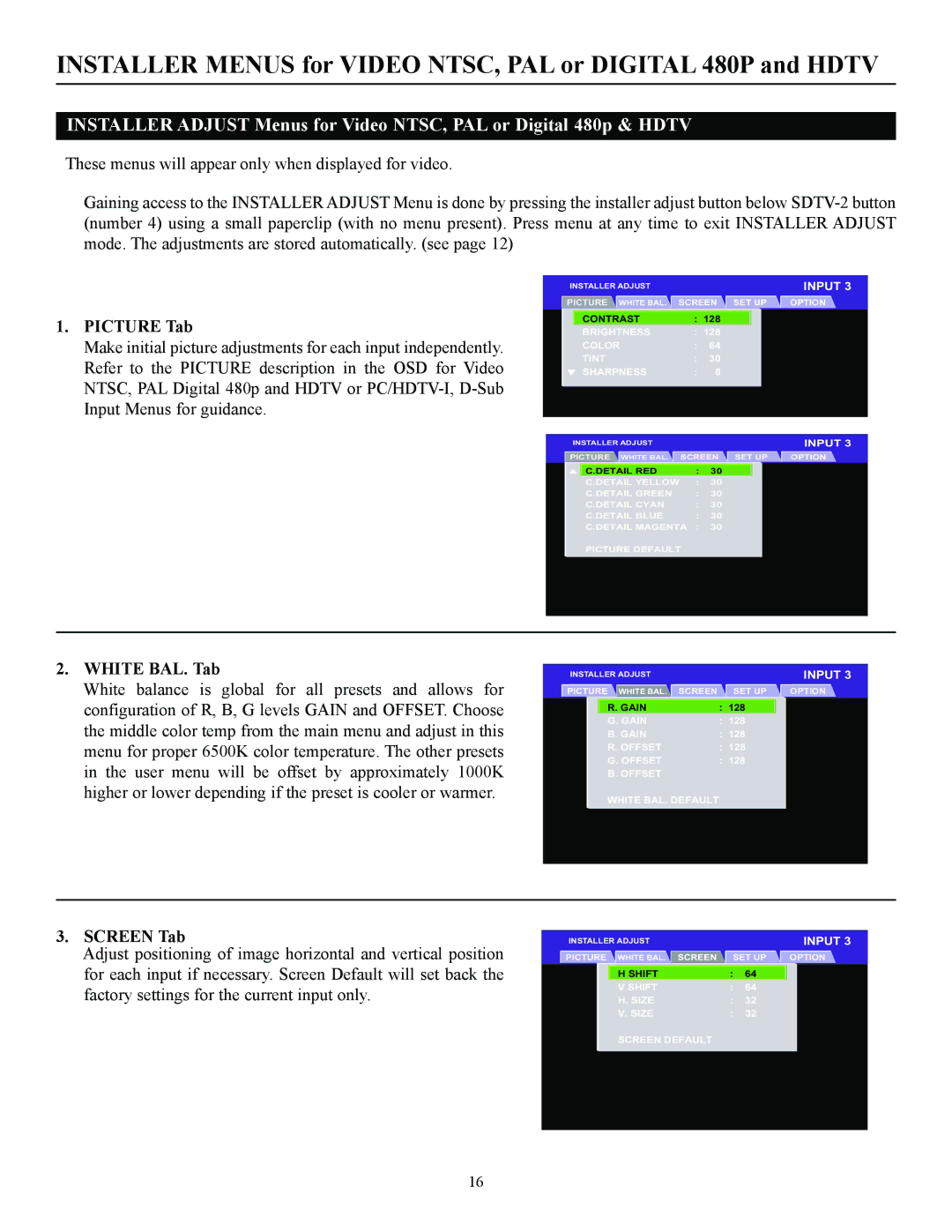 Runco CW-50MC manual Picture Tab, White BAL. Tab, Screen Tab 