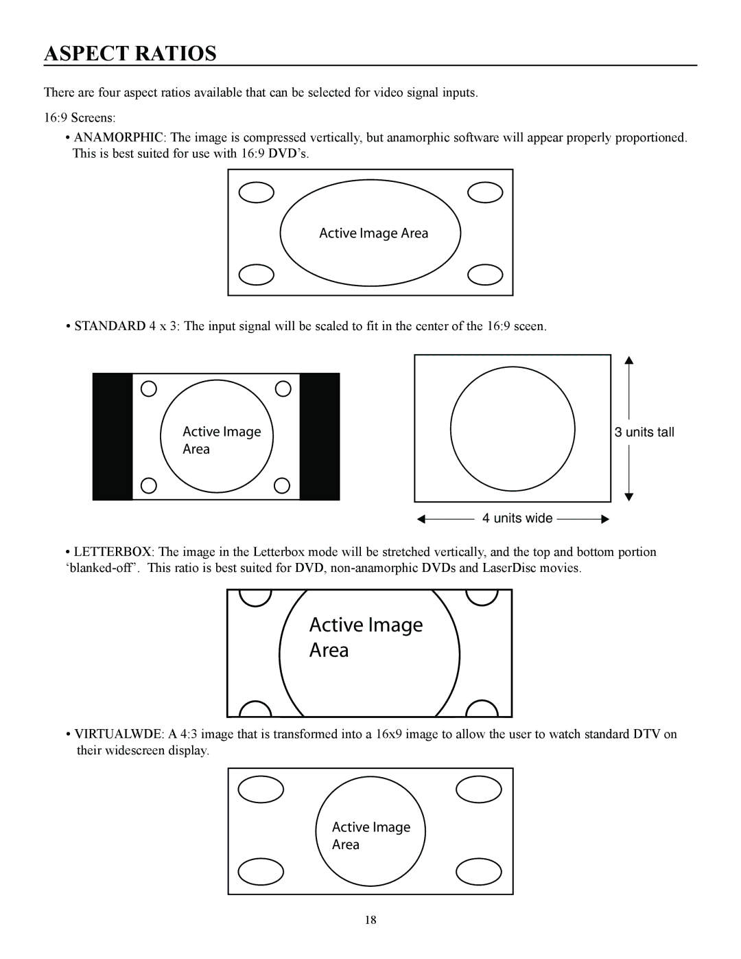 Runco CW-50MC manual Aspect Ratios, Units wide Units tall 