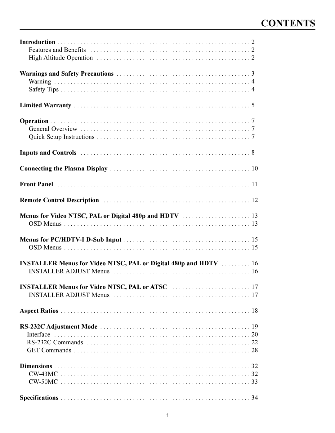 Runco CW-50MC manual Contents 