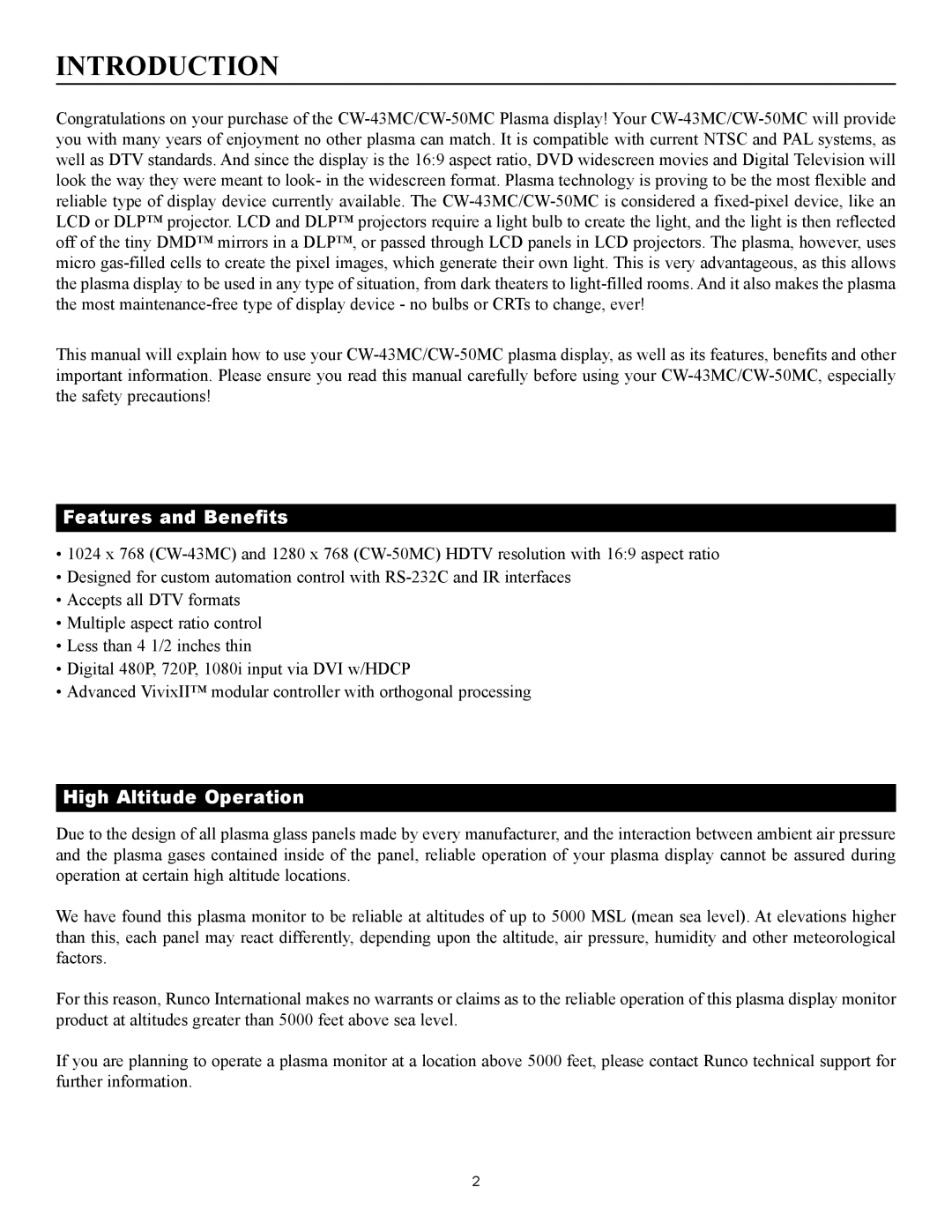 Runco CW-50MC manual Introduction, Features and Benefits 