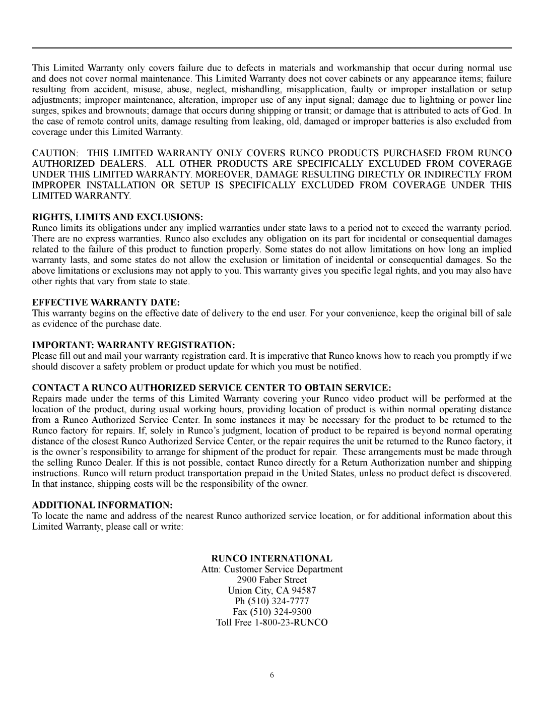 Runco CW-50MC manual RIGHTS, Limits and Exclusions 