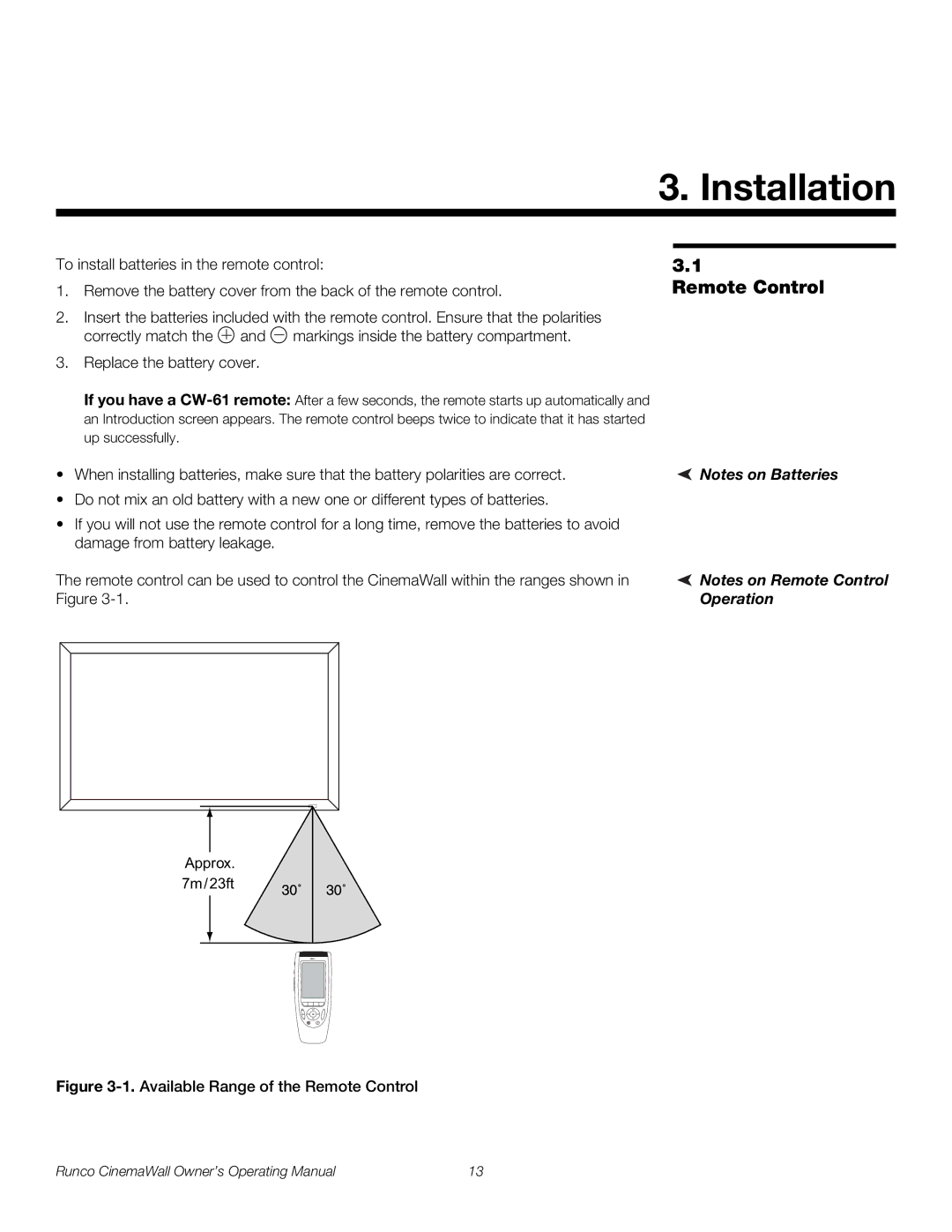 Runco CW-42HD, CW-50XA, CW-61 manual Installation, Remote Control, Operation 