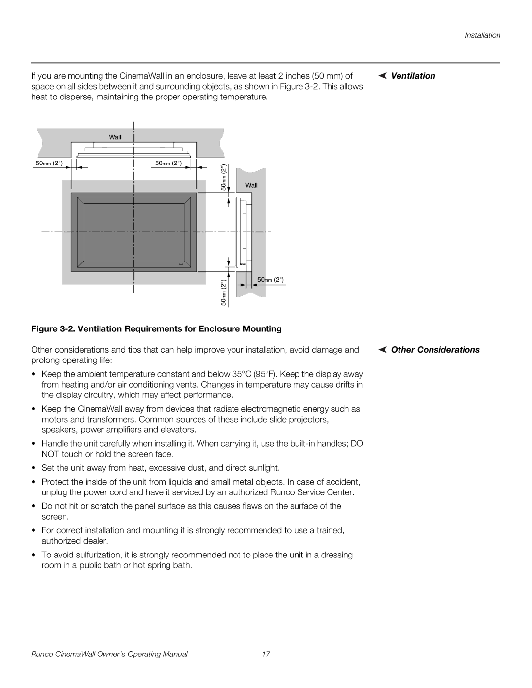 Runco CW-50XA, CW-61, CW-42HD manual Ventilation, Other Considerations, Prolong operating life 